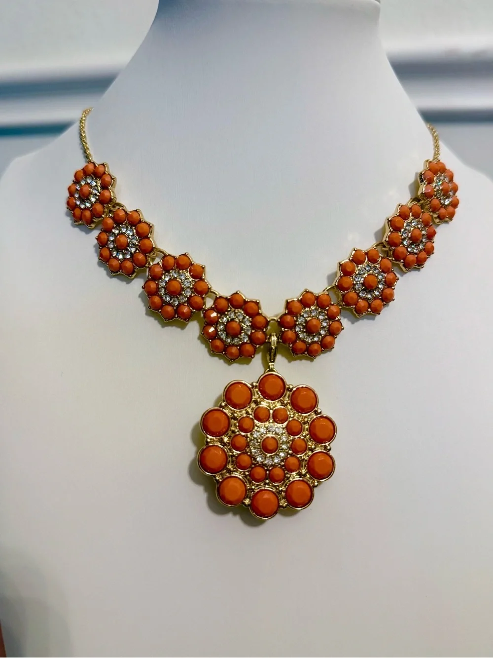 Premier Designs “Peachy Keen” Gold-Tone Orange Floral Statement Necklace